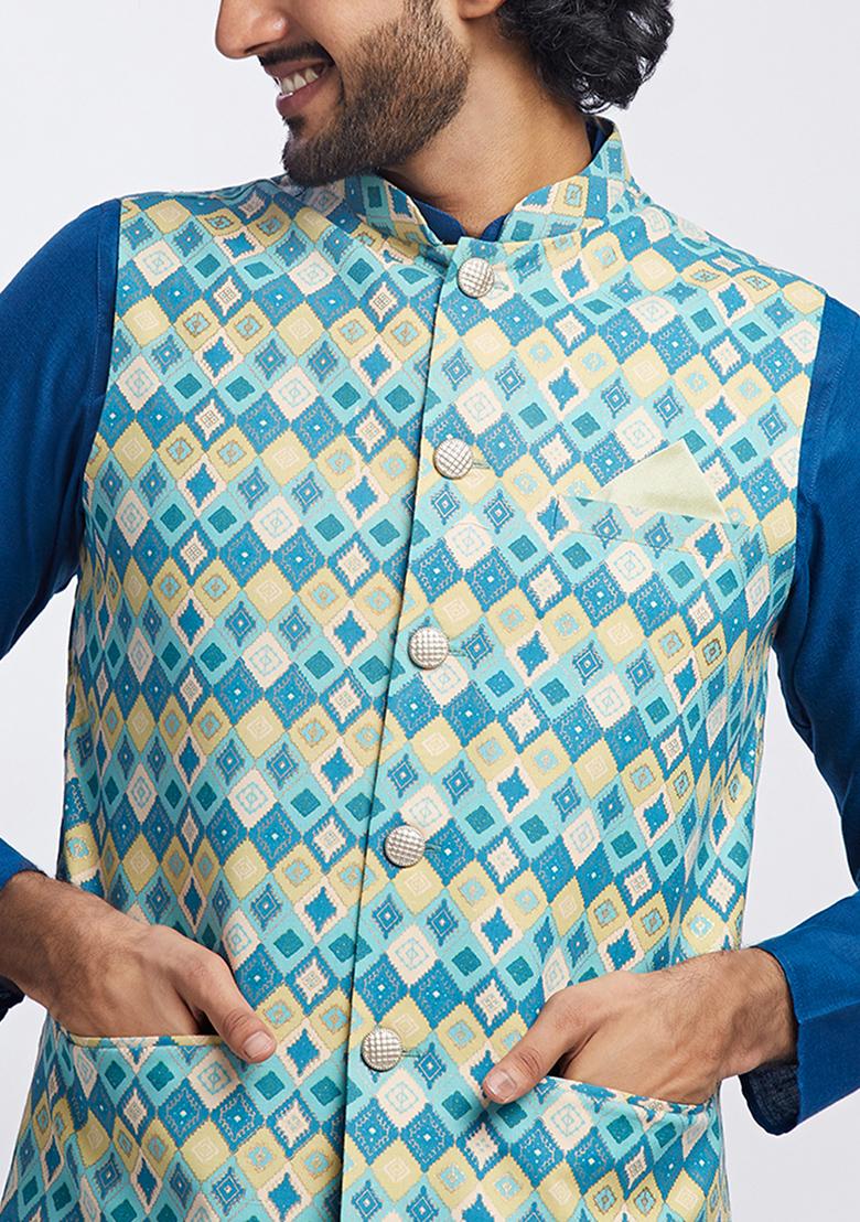 Blue Printed Cotton Blend Kurta Jacket Set