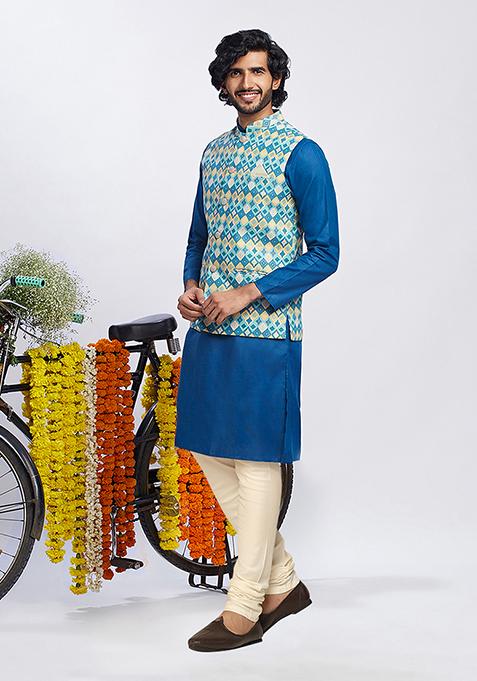 Blue Printed Cotton Blend Kurta Jacket Set