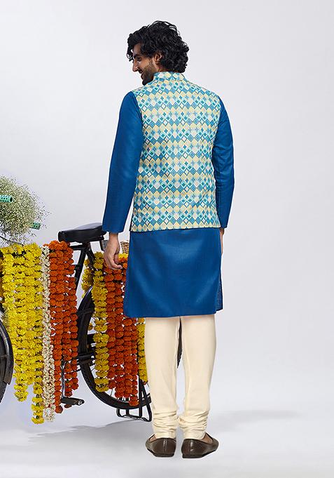 Blue Printed Cotton Blend Kurta Jacket Set