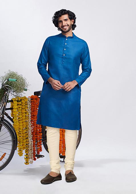 Blue Printed Cotton Blend Kurta Jacket Set