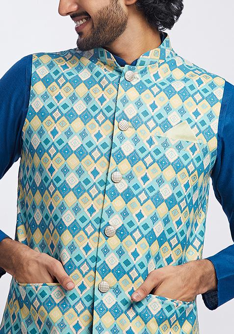 Blue Printed Cotton Blend Kurta Jacket Set
