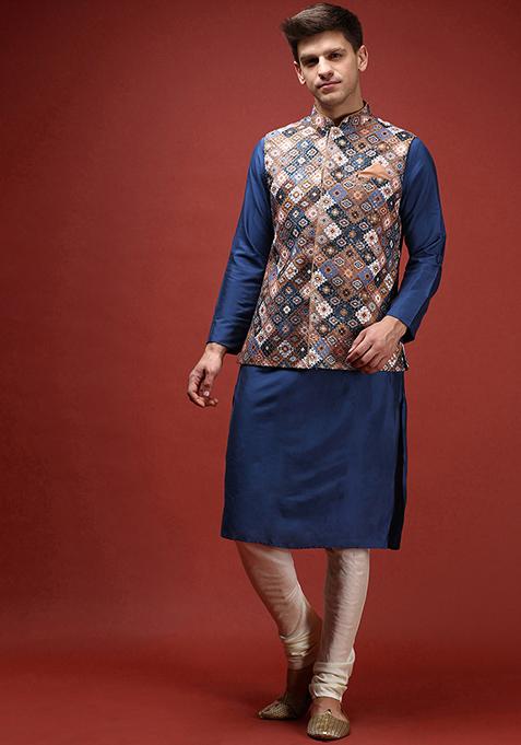 Multicolour Embroidered Cotton Blend Kurta Jacket Set