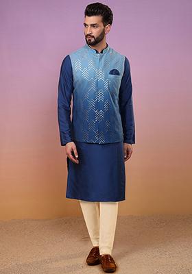 Navy Blue Solid Cotton Blend Kurta Jacket Set
