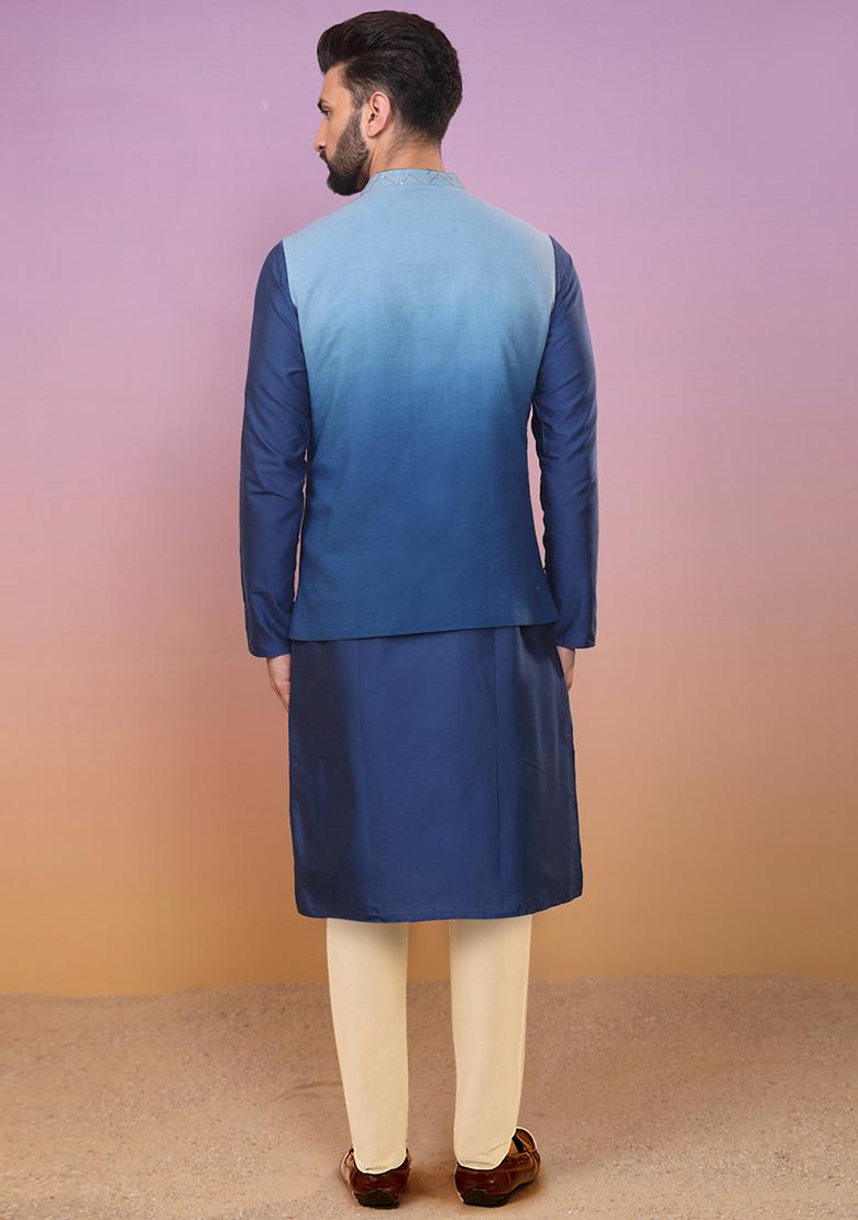 Navy Blue Solid Cotton Blend Kurta Jacket Set - Indya
