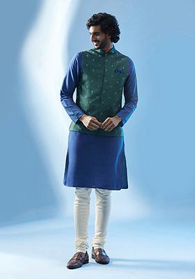 Bottle Green Embroidered Silk Blend Kurta Jacket Set