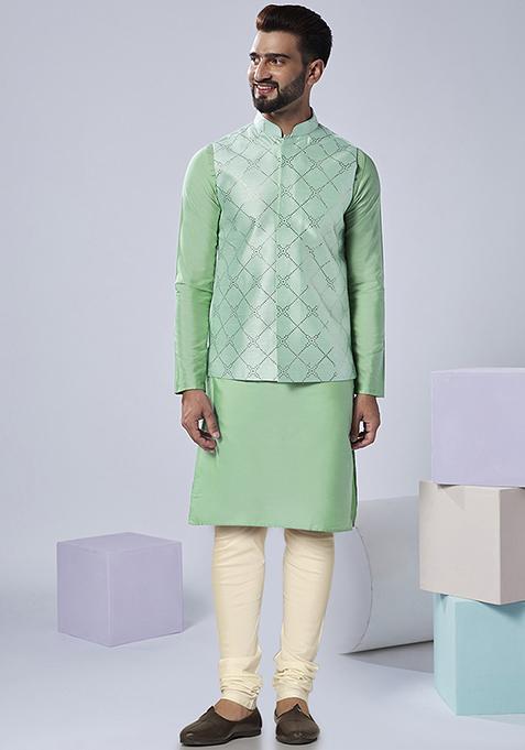 Aqua Green Solid Dyed Silk Blend Kurta Jacket Set