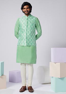 Aqua Green Embroidered Silk Blend Kurta Jacket Set
