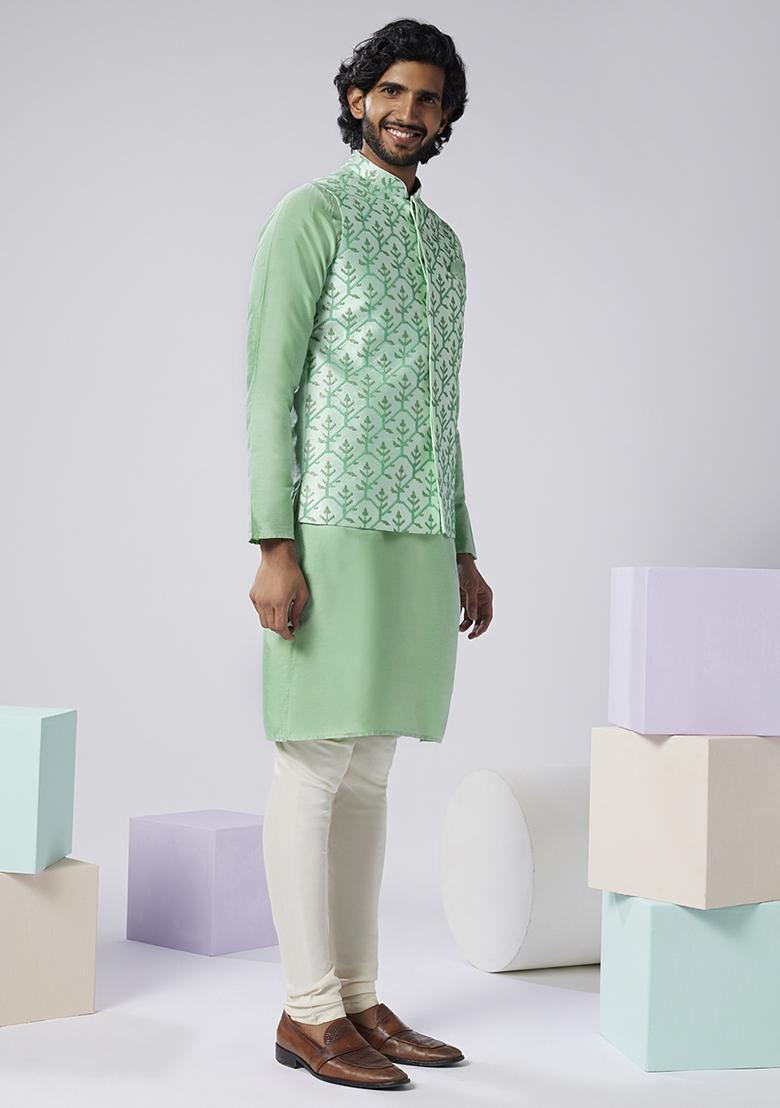Aqua Green Embroidered Silk Blend Kurta Jacket Set - Indya