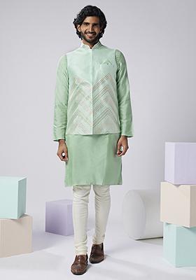 Aqua Green Embroidered Silk Blend Kurta Jacket Set