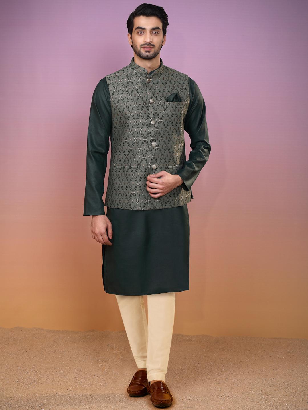 Green Jacquard Silk Blend Kurta Jacket Set