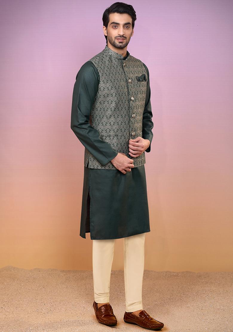 Green Jacquard Silk Blend Kurta Jacket Set