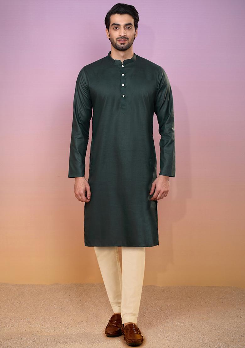 Green Jacquard Silk Blend Kurta Jacket Set
