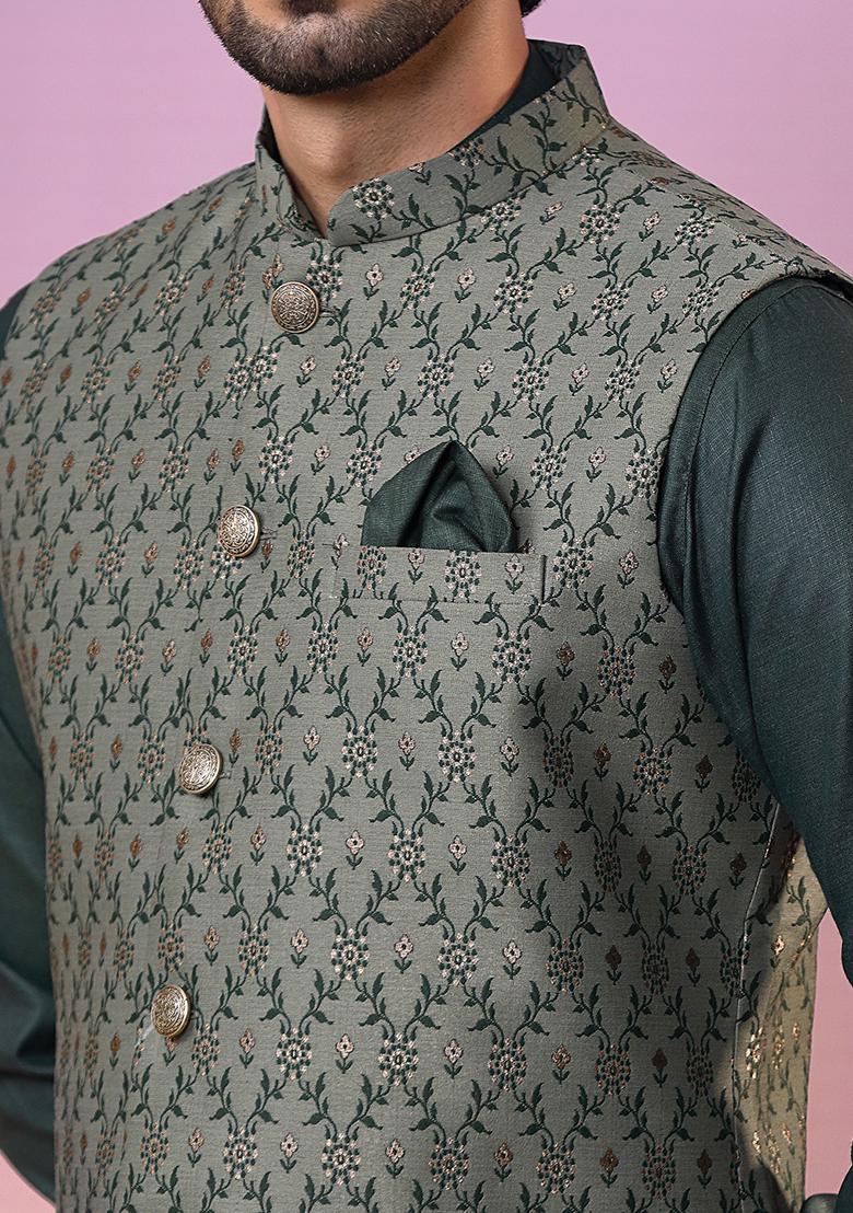 Green Jacquard Silk Blend Kurta Jacket Set
