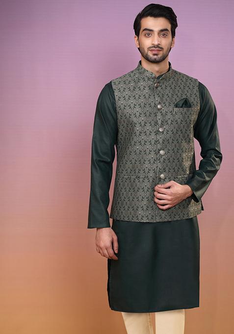 Green Jacquard Silk Blend Kurta Jacket Set