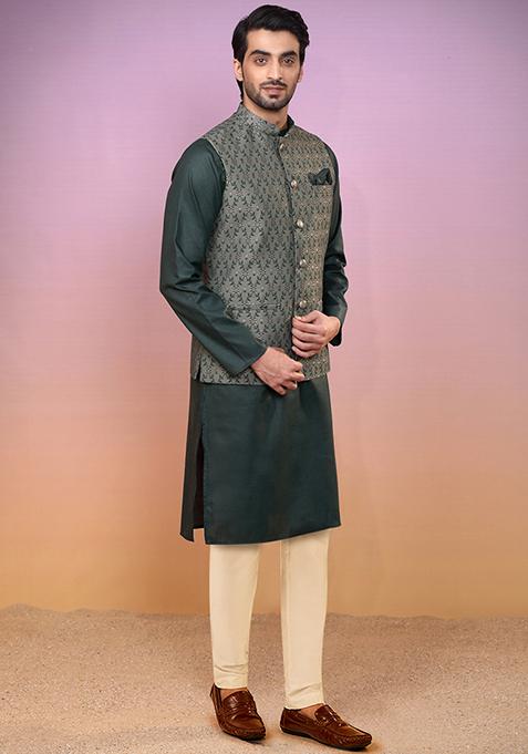 Green Jacquard Silk Blend Kurta Jacket Set