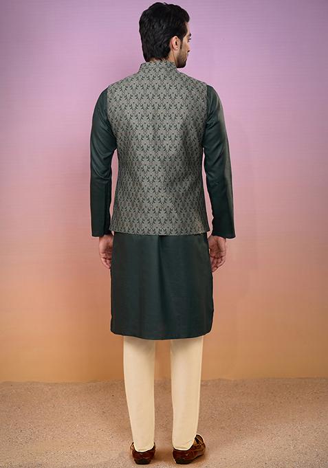 Green Jacquard Silk Blend Kurta Jacket Set