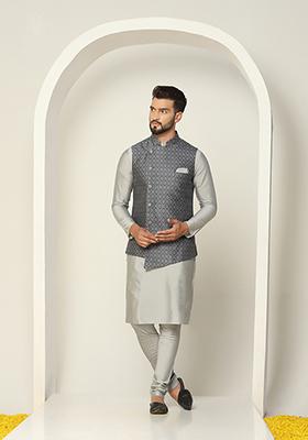 Grey Asymmetrical Textured Silk Blend Jacquard Kurta Jacket Set