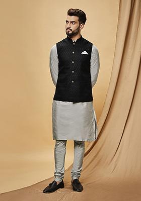 Black Woven Jacquard Silk Blend Jacquard Kurta Jacket Set