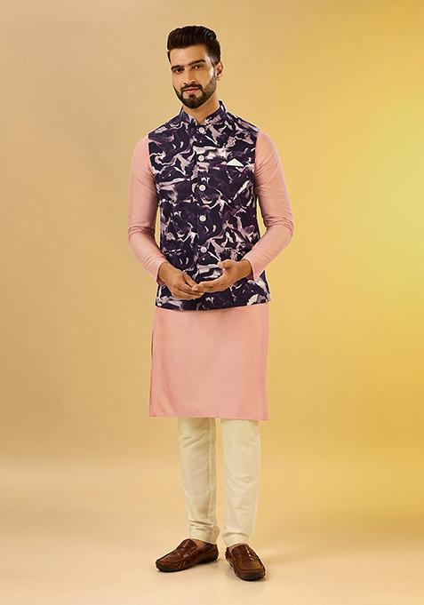 Wine Digital Print Cotton Blend Kurta Jacket Set