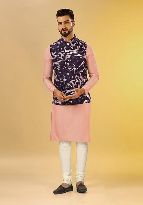 Wine Digital Print Cotton Blend Kurta Jacket Set