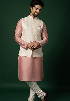 White Jacquard Silk Blend Kurta Jacket Set