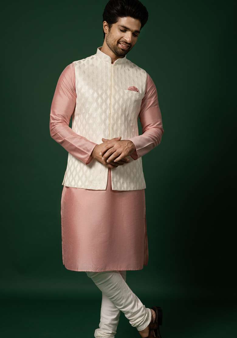 White Jacquard Silk Blend Kurta Jacket Set - Indya