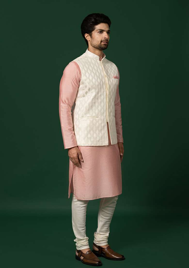 White Jacquard Silk Blend Kurta Jacket Set - Indya