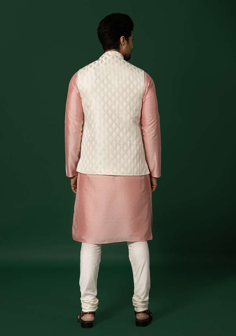 White Jacquard Silk Blend Kurta Jacket Set - Indya