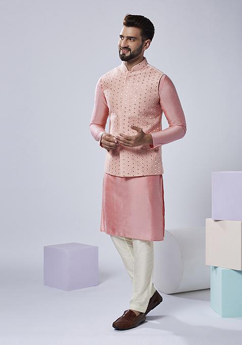 Pink Embroidered Silk Blend Kurta Jacket Set
