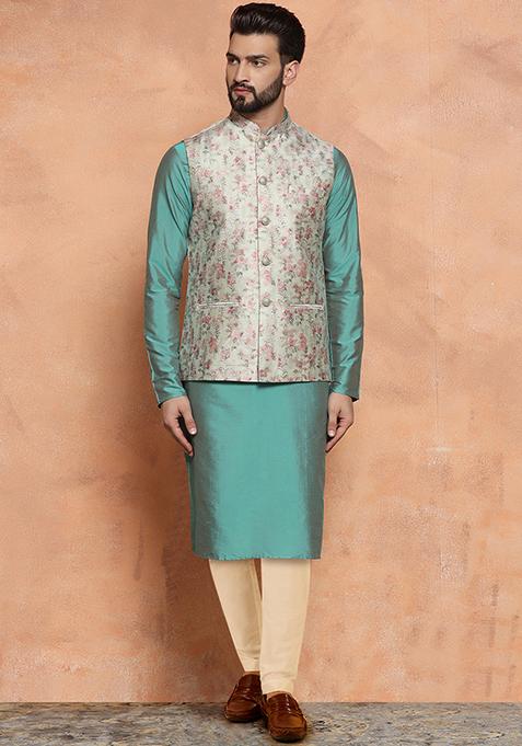 Multicolour Jacquard Silk Blend Kurta Jacket Set