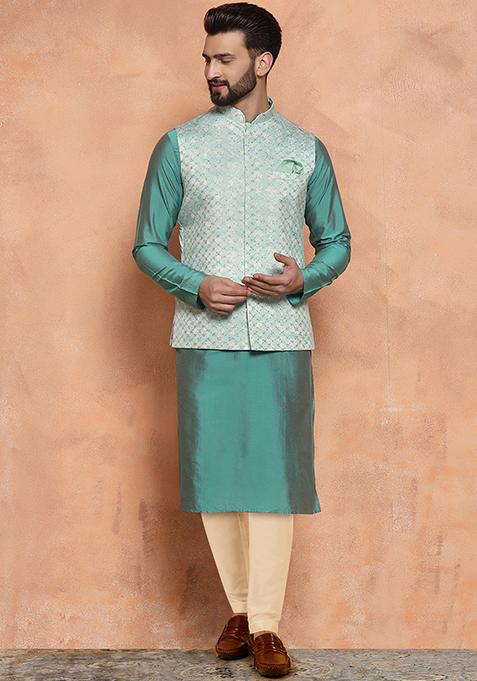 Green Embroidered Satin Kurta Jacket Set