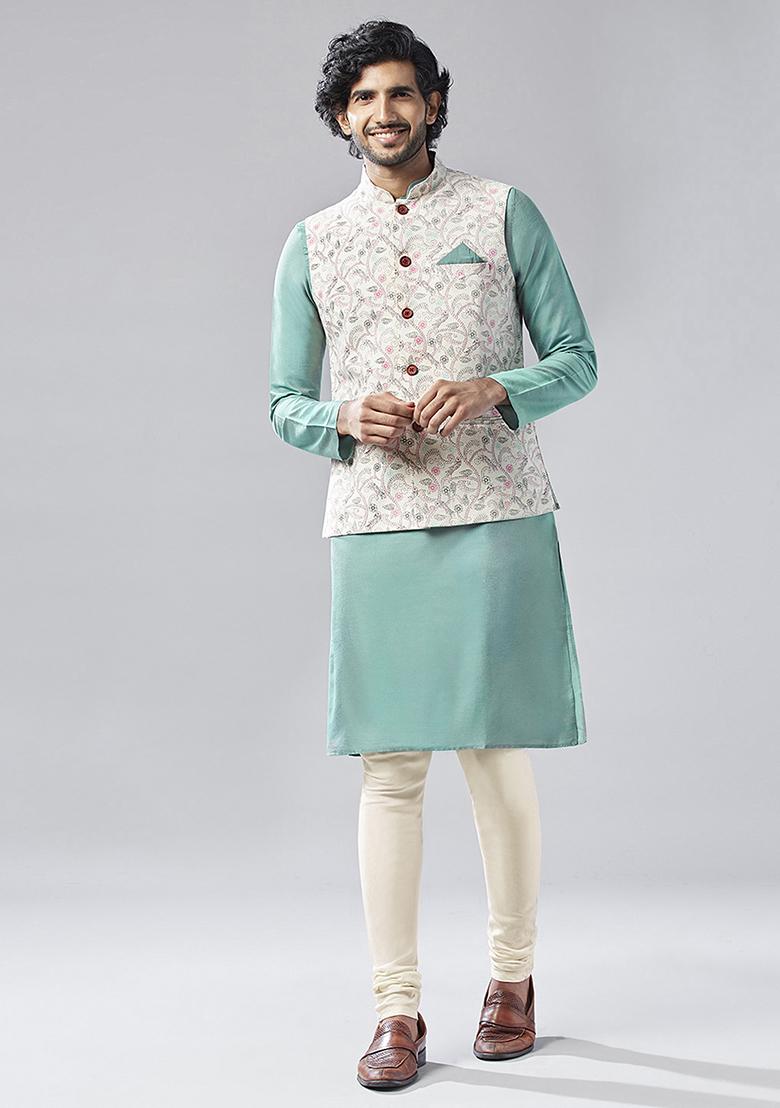 Cream Printed Cotton Blend Kurta Jacket Set