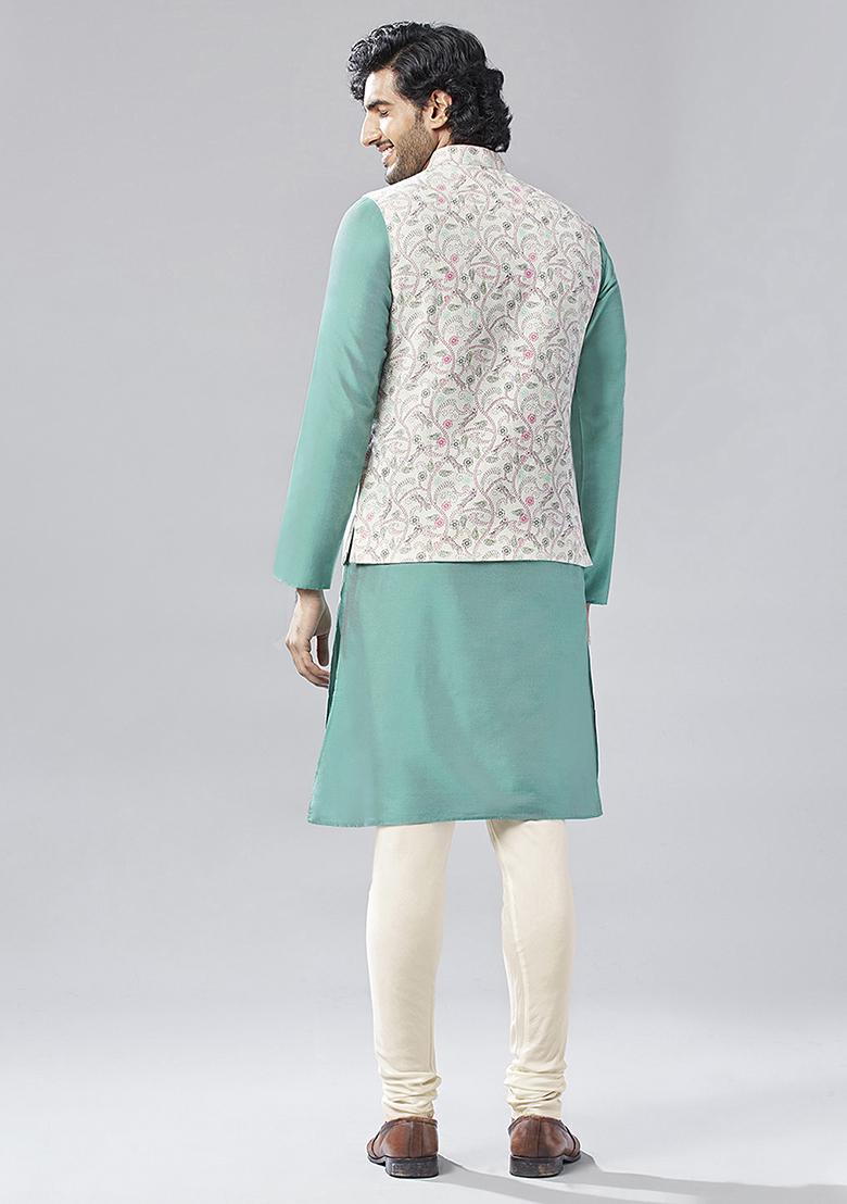 Cream Printed Cotton Blend Kurta Jacket Set