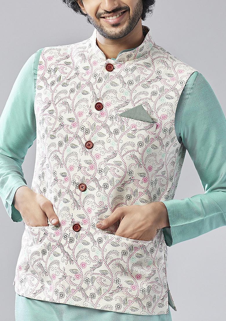Cream Printed Cotton Blend Kurta Jacket Set
