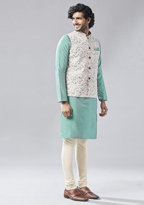 Cream Printed Cotton Blend Kurta Jacket Set