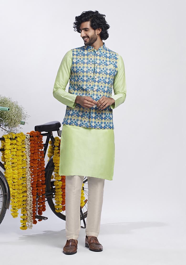 Blue Foil Print Cotton Blend Kurta Jacket Set