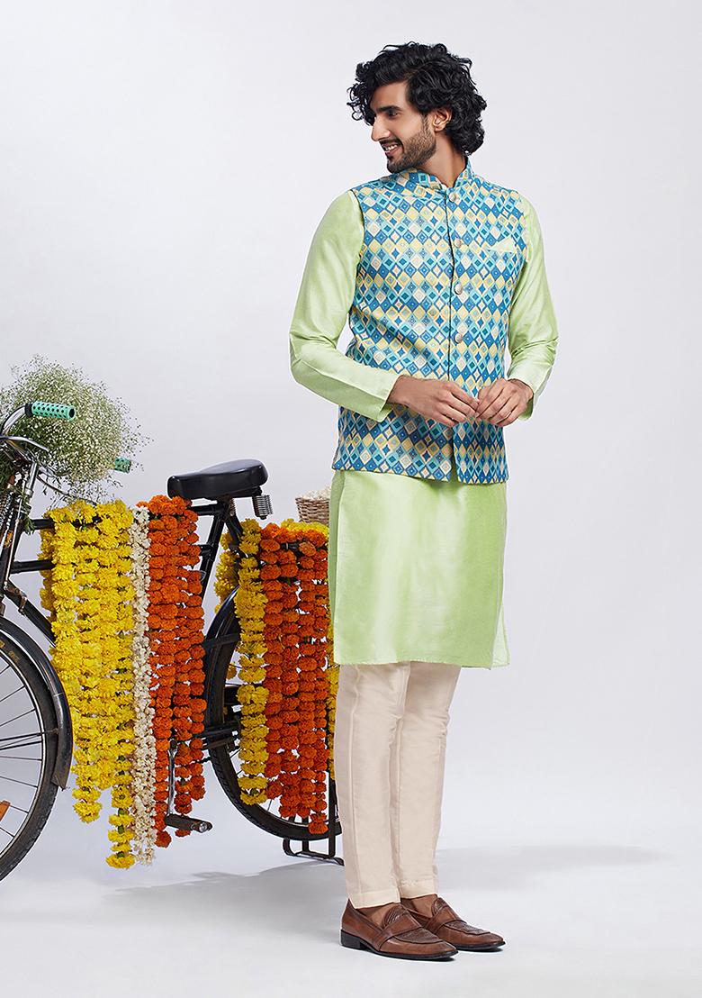 Blue Foil Print Cotton Blend Kurta Jacket Set - Indya