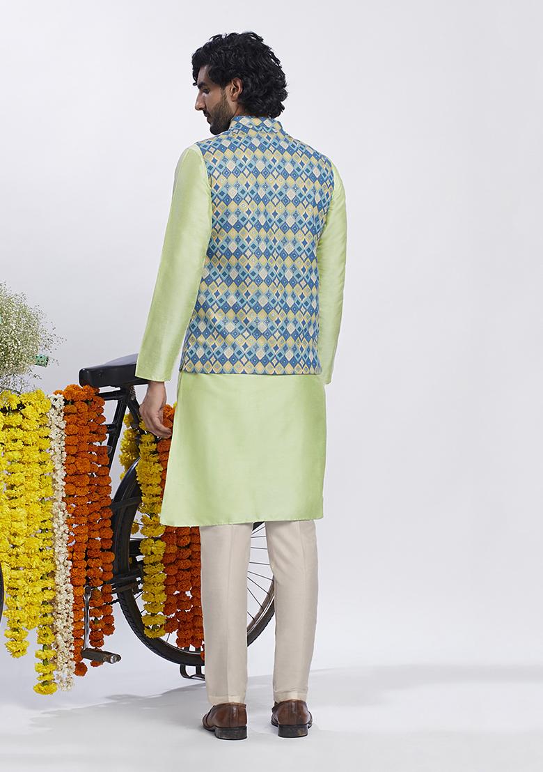 Blue Foil Print Cotton Blend Kurta Jacket Set