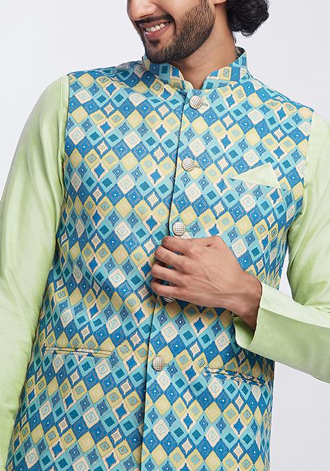 Blue Foil Print Cotton Blend Kurta Jacket Set