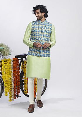 Blue Printed Cotton Blend Kurta Jacket Set