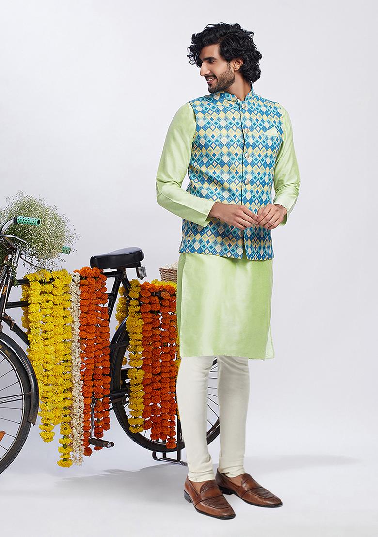 Blue Printed Cotton Blend Kurta Jacket Set