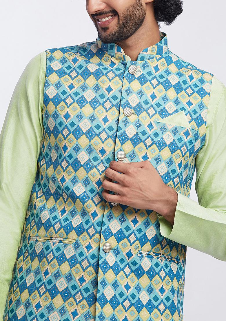 Blue Printed Cotton Blend Kurta Jacket Set