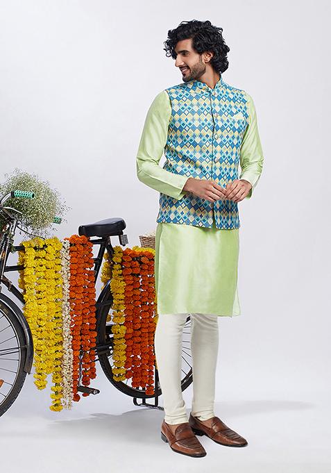 Blue Printed Cotton Blend Kurta Jacket Set