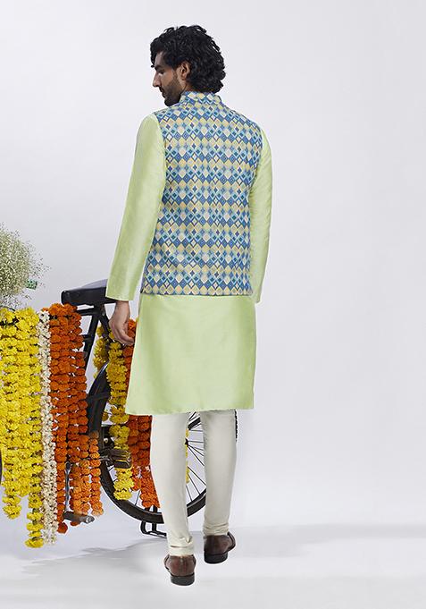 Blue Printed Cotton Blend Kurta Jacket Set