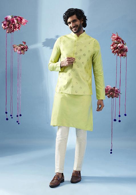 Pista Green Solid Dyed Silk Blend Kurta Jacket Set