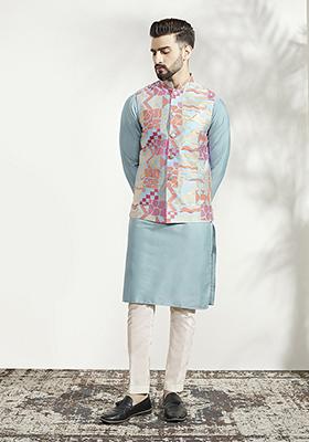 Multicolour Textured Silk Blend Kurta Jacket Set