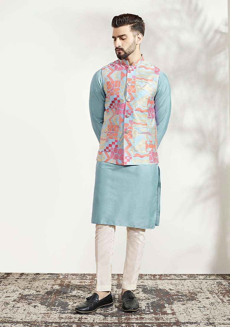 Multicolour Textured Silk Blend Kurta Jacket Set - Indya