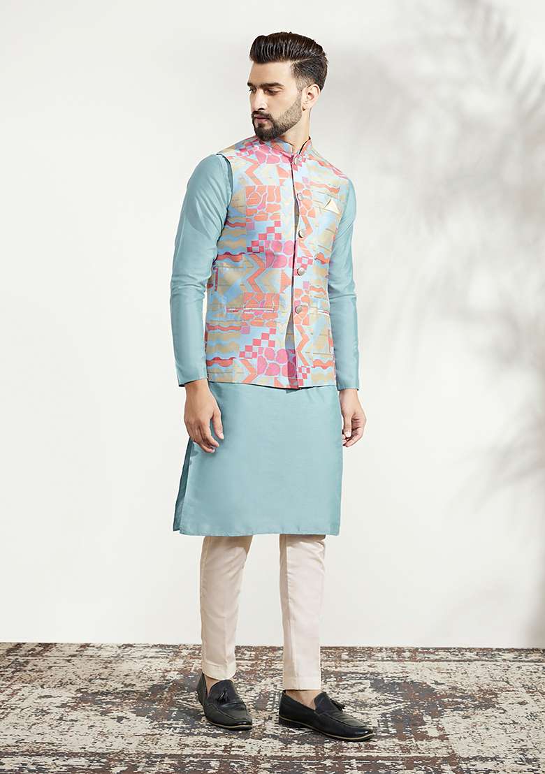 Multicolour Textured Silk Blend Kurta Jacket Set - Indya