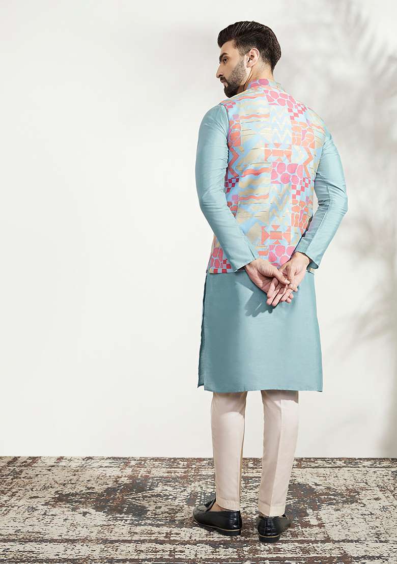 Multicolour Textured Silk Blend Kurta Jacket Set - Indya