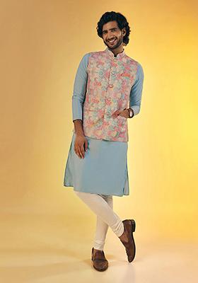 Multicolour Textured Silk Blend Kurta Jacket Set